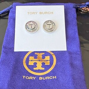 Tory Burch Silver-Tone Circular Logo Stud Earrings